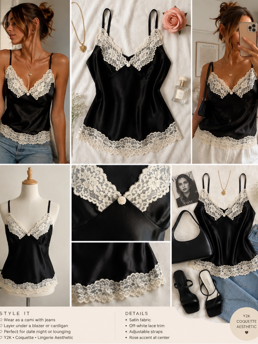 Ciregir Women’s Small Black Satin Lace Trim Camisole Y2K Lingerie Sleepwear Cami